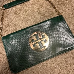 Tory Burch Green Leather Clutch Shoulder Bag w/Detachable Chain Strap